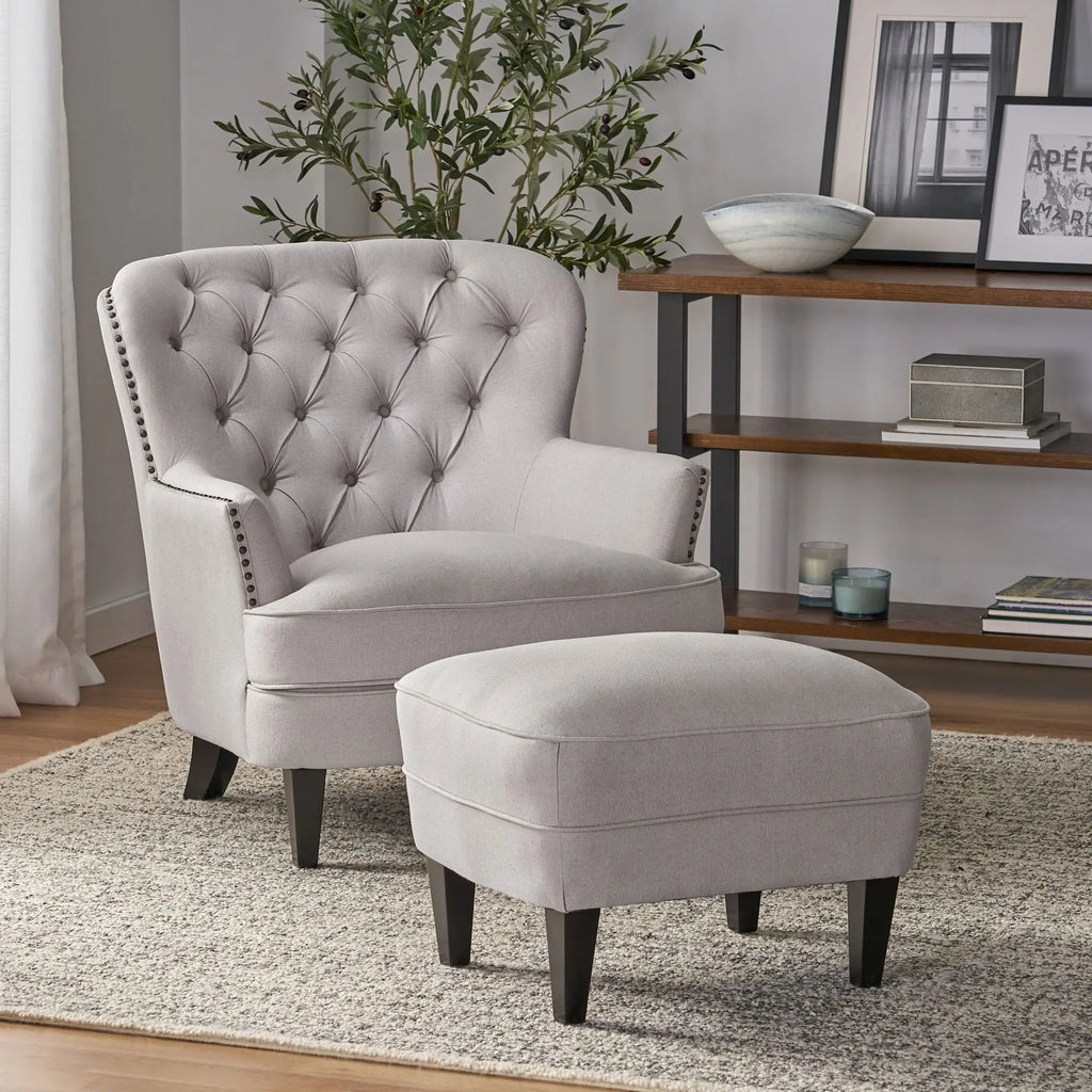 Contemporary Light Gray Fabric Club Chair & Ottoman Set | Upholstered Armchair with Matching Ottoman, 300 lb Capacity – Modern Living Room Next Gen Luxe Solutions