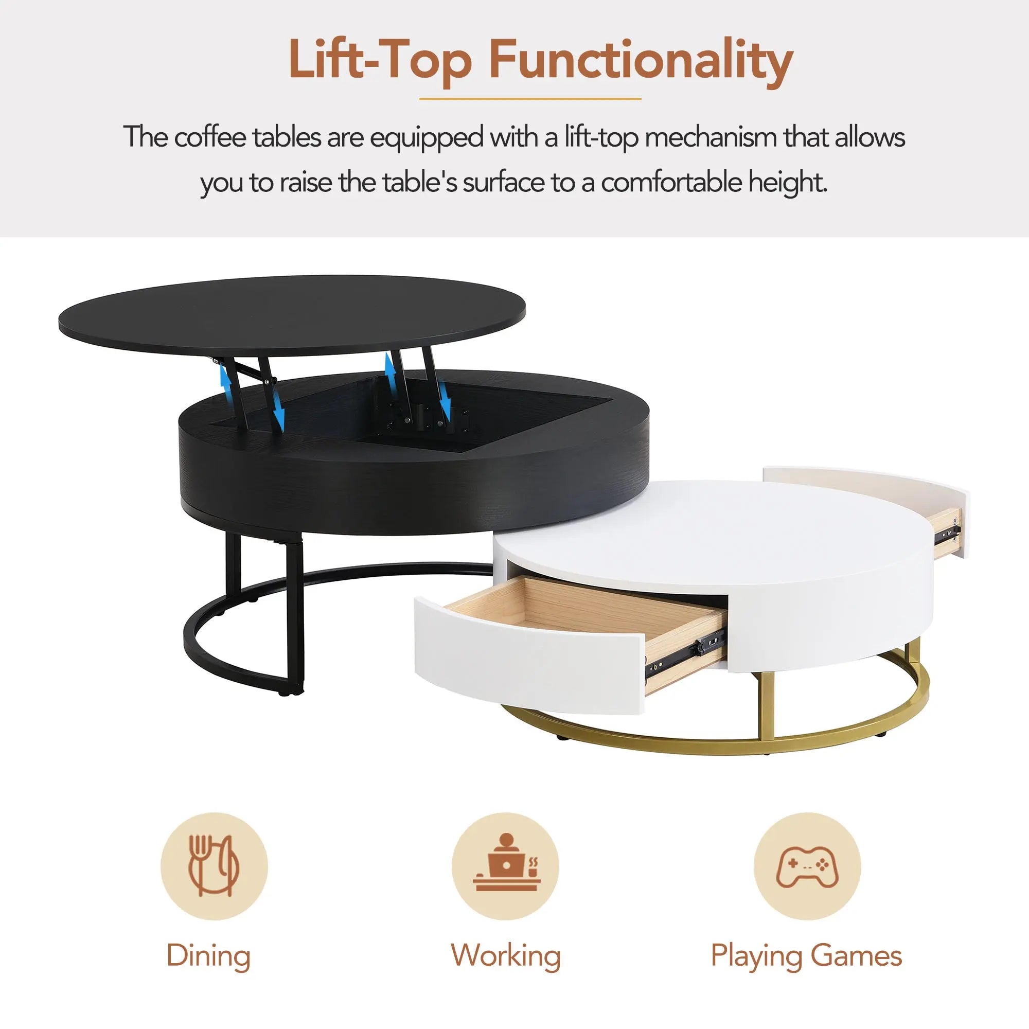 Modern Round Lift-Top Nesting Coffee Tables Set of 2 | Hydraulic Lift, 2 Drawers, Gold Metal Base – White & Black Next Gen Luxe Solutions