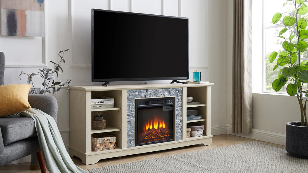 Mantel Electric Fireplace TV Stand – Stone Media Console with 18" Fireplace Insert & Open Storage (White) Next Gen Luxe Solutions