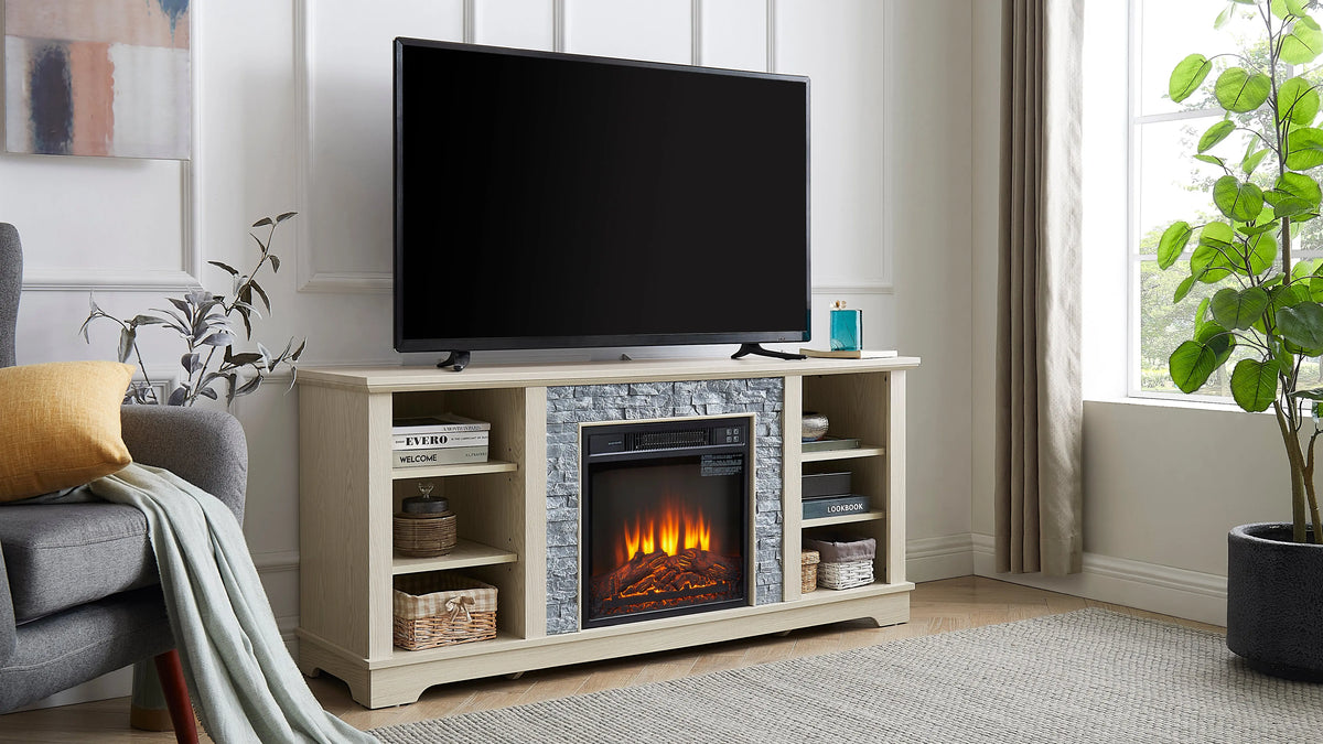 Mantel Electric Fireplace TV Stand – Stone Media Console with 18" Fireplace Insert & Open Storage (White) Next Gen Luxe Solutions