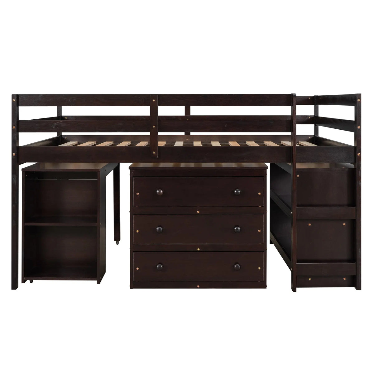Full Size Low Loft Bed with Rolling Desk, Cabinet, Shelves & Safety Rails | Solid Wood Study Loft Bed – Espresso Next Gen Luxe Solutions