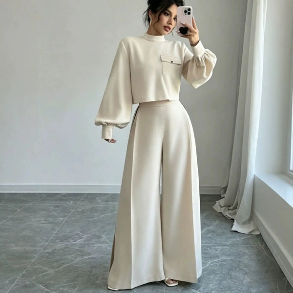 Women's Solid Color Wide Leg Pants 2-Piece Set | Mock Neck Long Sleeve Top + Pants, Korean Style – 5 Colors, S–XXL Next Gen Luxe Solutions