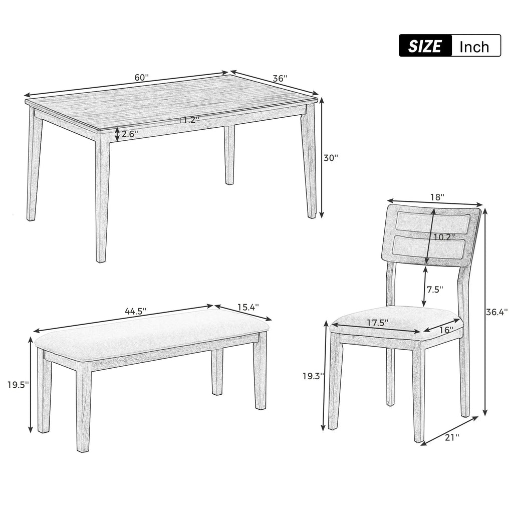TREXM 6-Piece Classic Dining Set – Table, 4 Upholstered Chairs & Bench (White+Gray) Next Gen Luxe Solutions