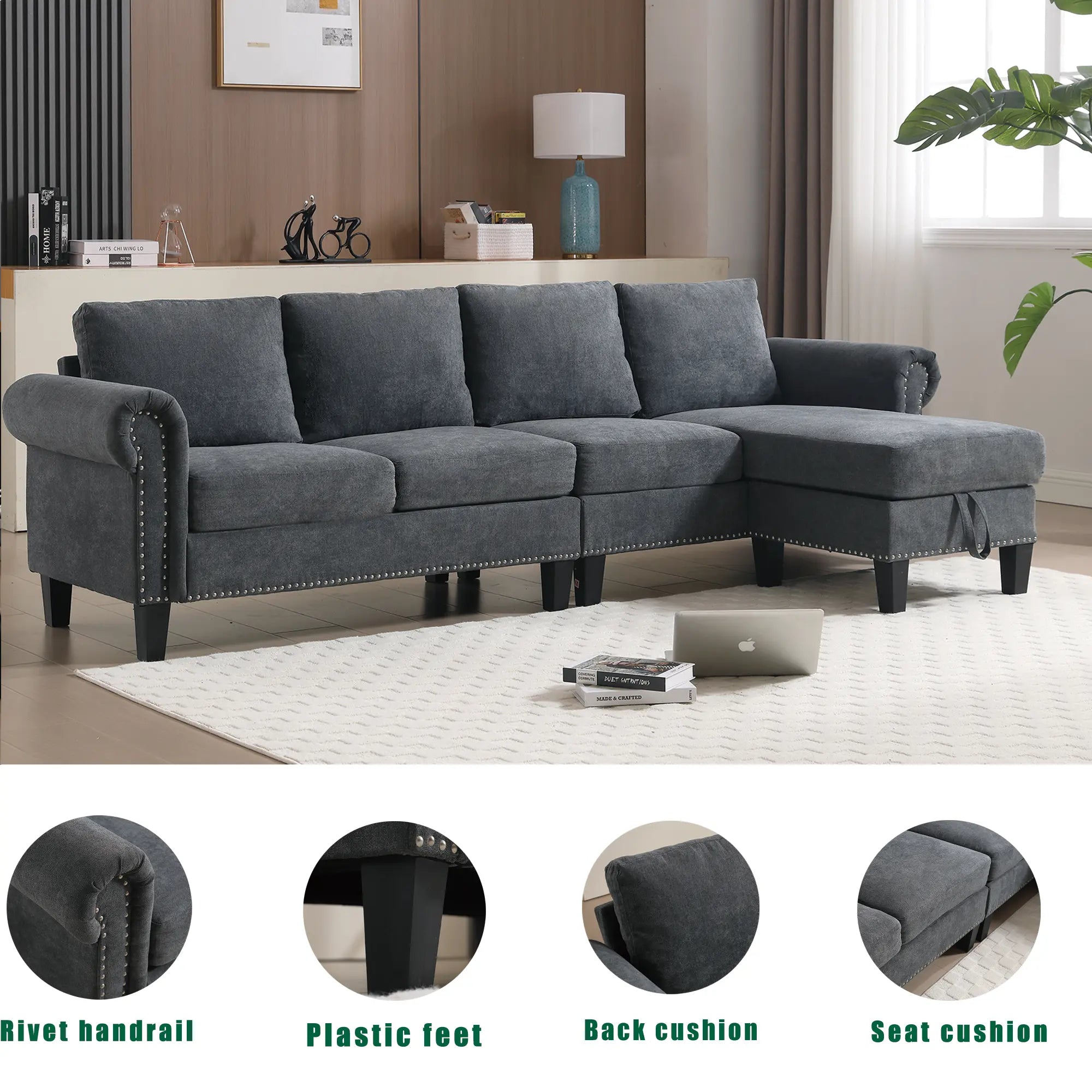 Convertible L-Shaped Sectional Sofa with Storage | 4-Seat Modern Linen Fabric Couch in Gray Next Gen Luxe Solutions