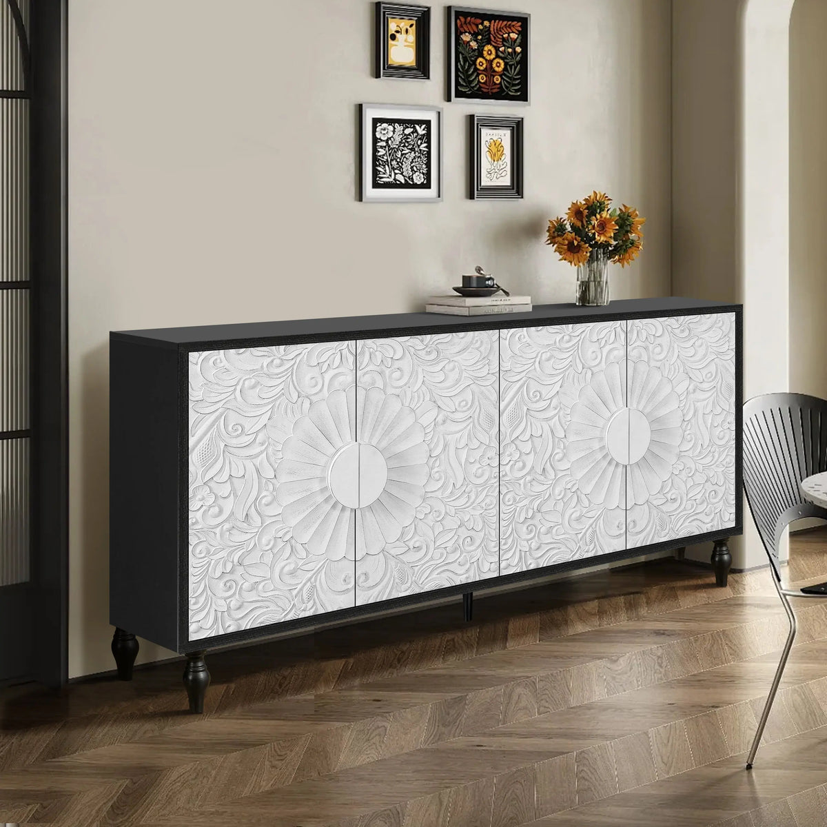 Vintage White Faceted Carved Cabinet – Black Frame TV Stand, Sideboard & Accent Cabinet Next Gen Luxe Solutions