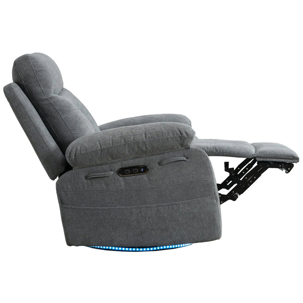 Power Recliner Glider Chair with Bluetooth Speaker | 270° Swivel, LED Light, USB+C Charging, Retractable Footrest, Storage Pockets – Light Grey Linen Next Gen Luxe Solutions