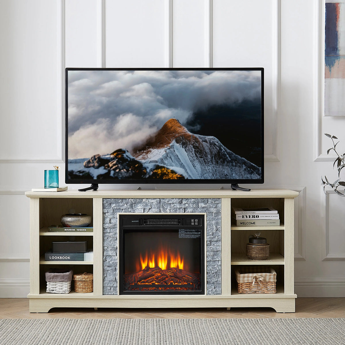 Mantel Electric Fireplace TV Stand – Stone Media Console with 18" Fireplace Insert & Open Storage (White) Next Gen Luxe Solutions