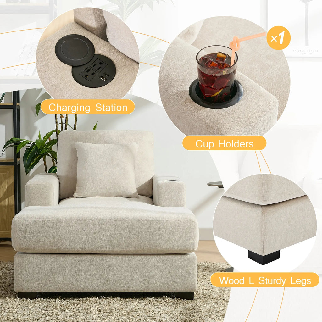 39.7" Oversized Chenille Chaise Lounger | Built-In Charge Station, Cup Holder, Pillows, Washable Covers – Cream, 330 lb Capacity Next Gen Luxe Solutions
