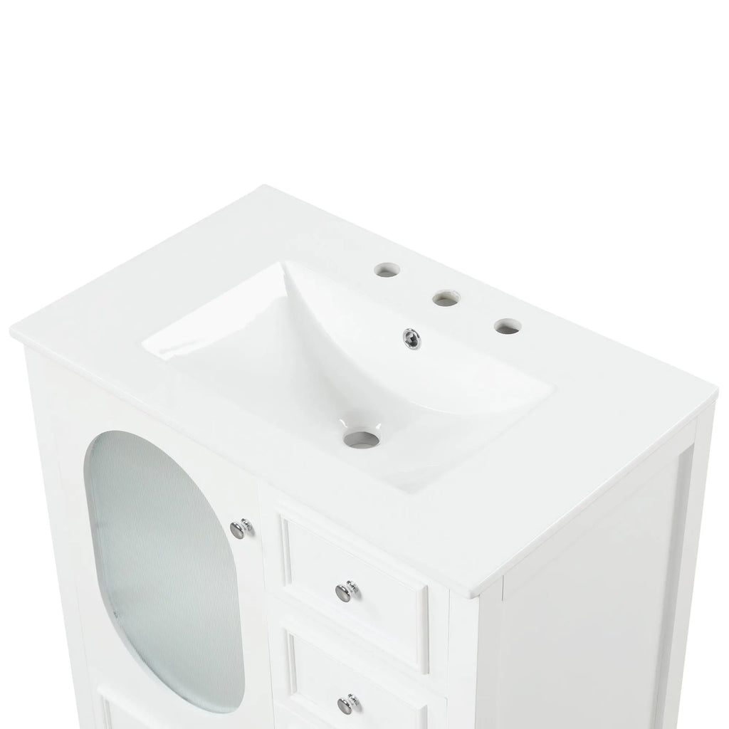 30" Bathroom Vanity with Sink | Solid Wood & MDF, 4 Drawers, Oval Fluted Glass Door, Ceramic Sink, White – Freestanding Next Gen Luxe Solutions