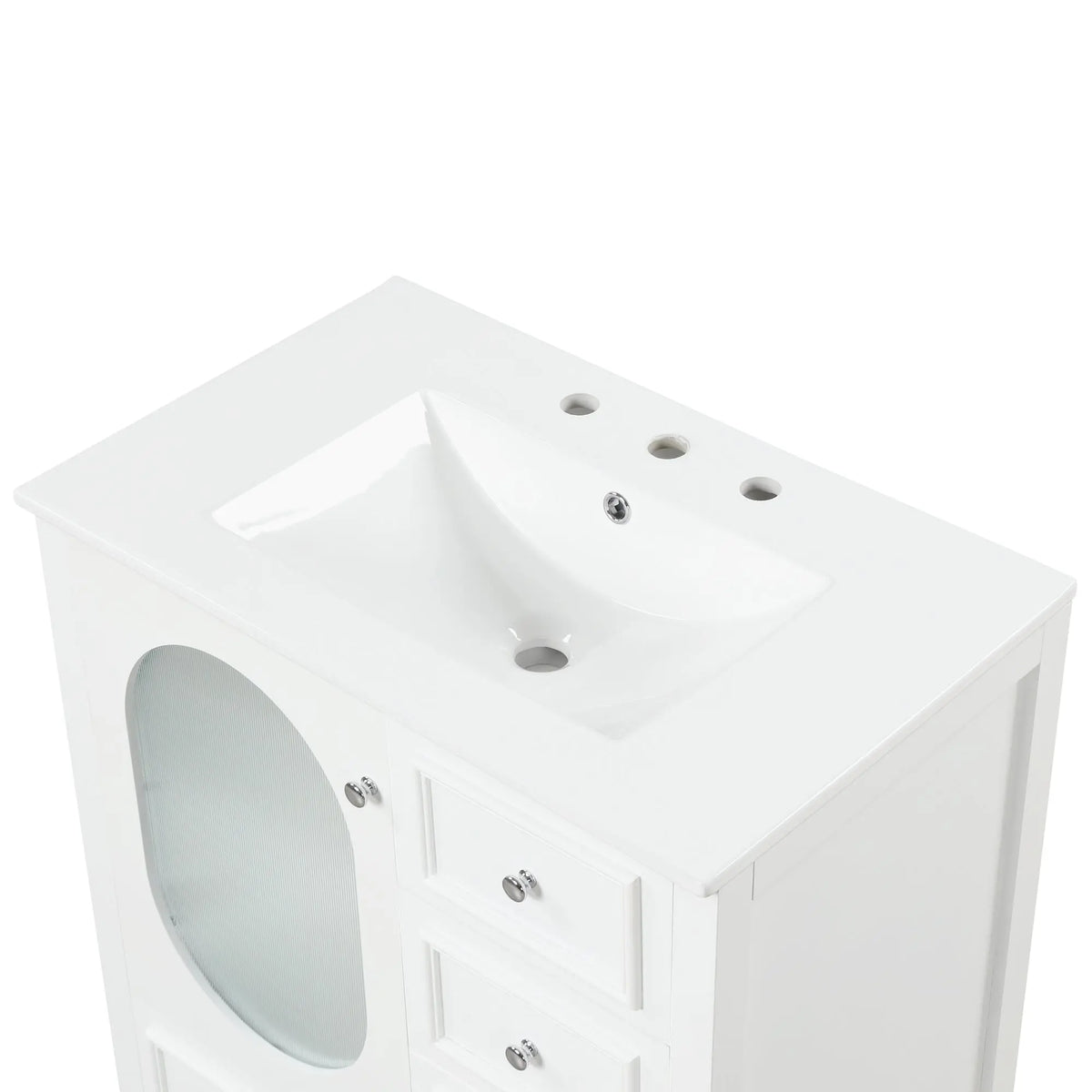 30" Bathroom Vanity with Sink | Solid Wood & MDF, 4 Drawers, Oval Fluted Glass Door, Ceramic Sink, White – Freestanding Next Gen Luxe Solutions
