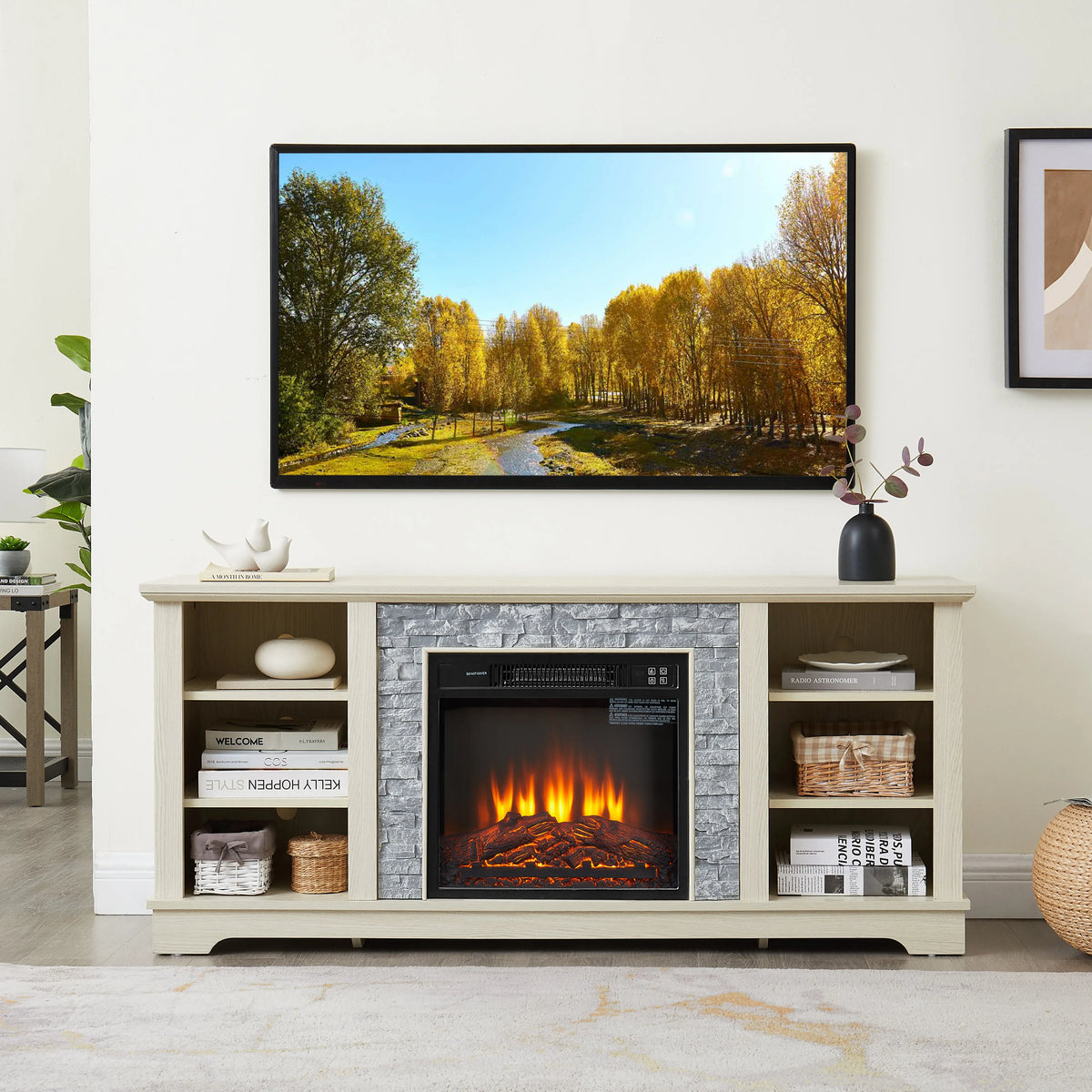 Mantel Electric Fireplace TV Stand – Stone Media Console with 18" Fireplace Insert & Open Storage (White) Next Gen Luxe Solutions