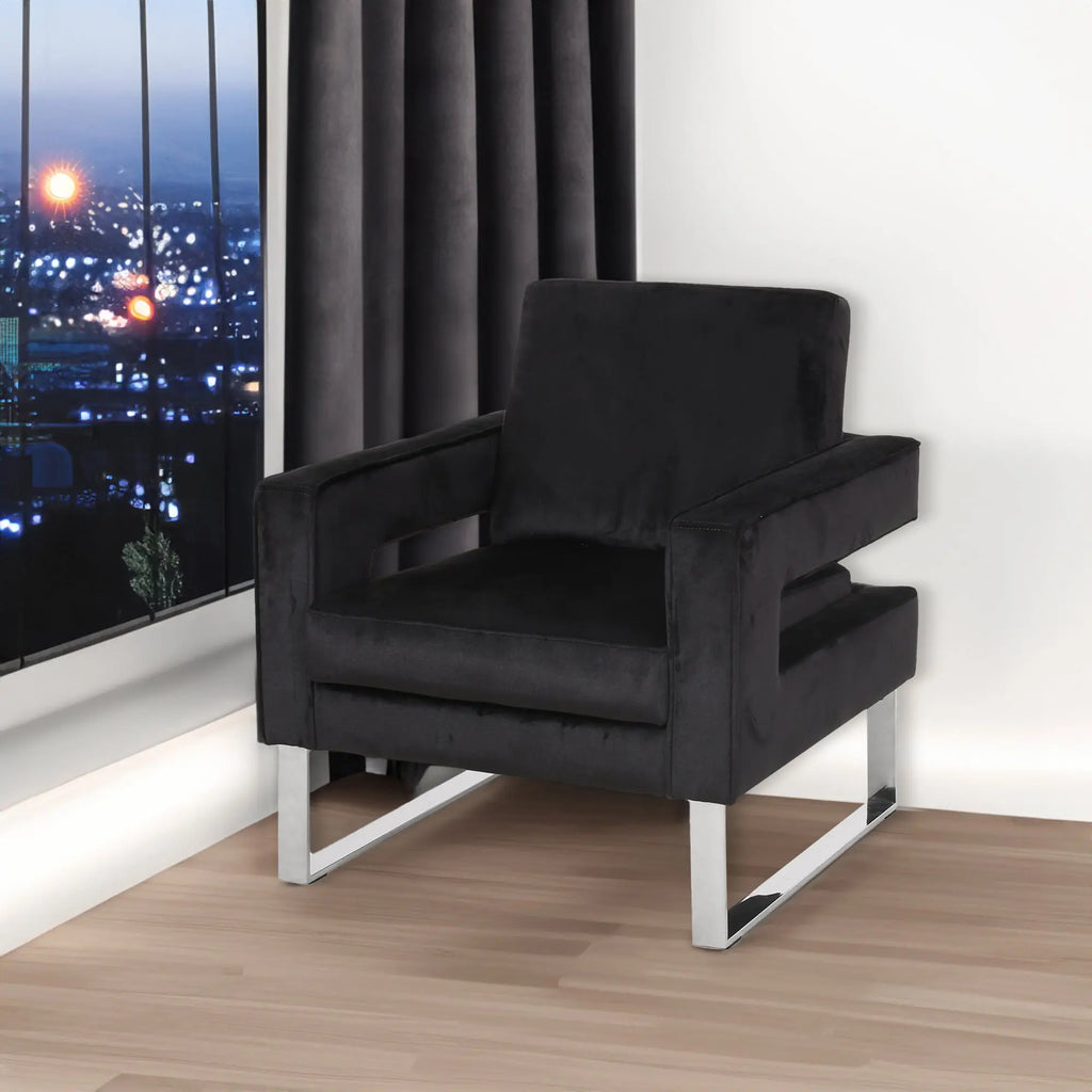 Modern Glam Velvet Club Armchair – Geometric U-Shape, Silver Accents & Stainless Steel Legs (Black) Next Gen Luxe Solutions