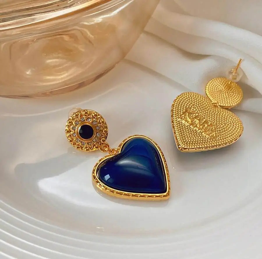 French Retro Blue Heart Gold-Plated Earrings Next Gen Luxe Solutions