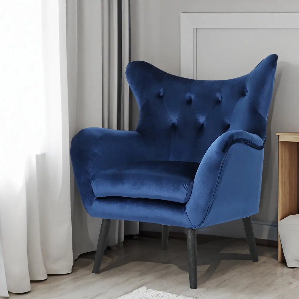 Navy Blue Velvet Wingback Armchair – Button-Tufted, Mid-Century Modern | Oak Wood Frame Next Gen Luxe Solutions