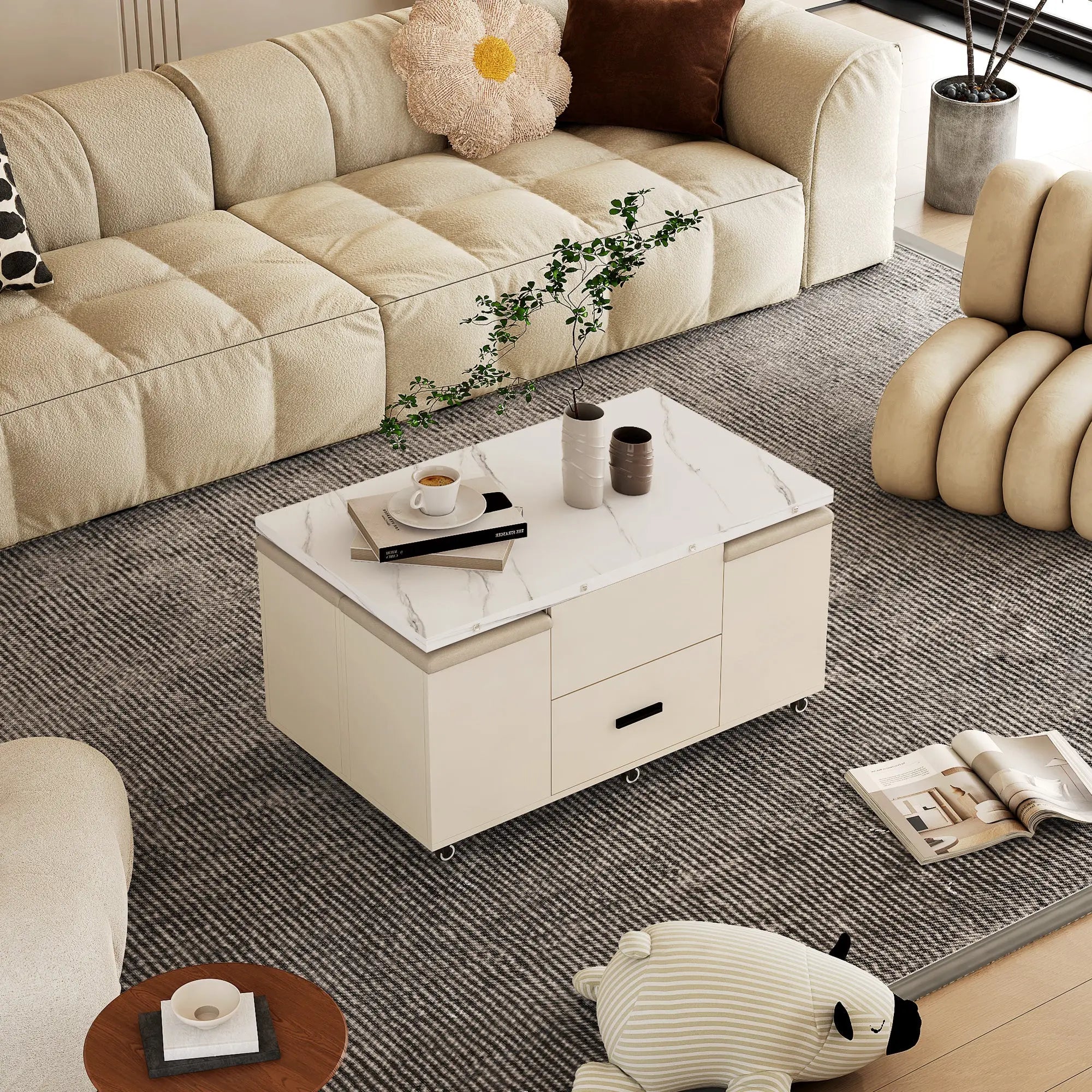 Modern Lift-Top Coffee Table with 4 Chairs, Expandable Storage – Hidden Compartment & 2 Drawers Next Gen Luxe Solutions
