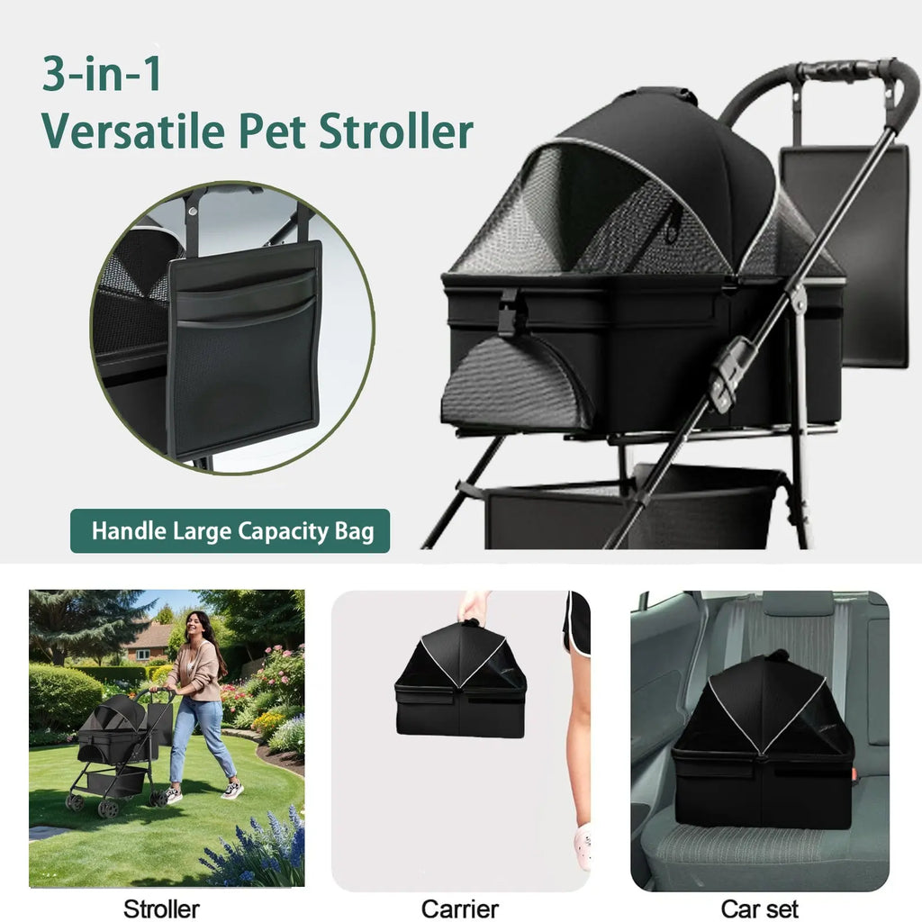 2-in-1 Folding Dog Stroller & Pet Cart | 4-Wheel Dog/Cat Carrier with Waterproof Pad, Car Seat & Sun Visor Next Gen Luxe Solutions