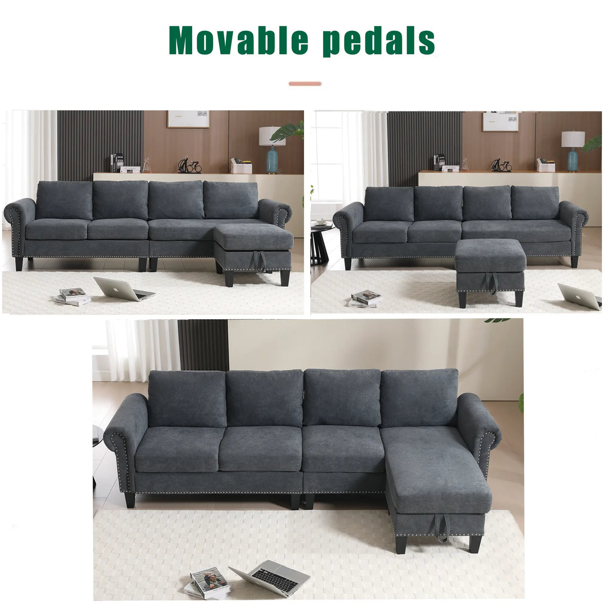 Convertible L-Shaped Sectional Sofa with Storage | 4-Seat Modern Linen Fabric Couch in Gray Next Gen Luxe Solutions