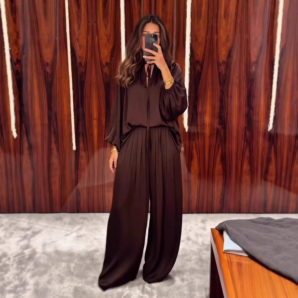 Women's V-Neck Lace-Up Top & Loose Pants Set | Long Sleeve 2-Piece Outfit – Brown, Black, Light Khaki, S–XXL Next Gen Luxe Solutions