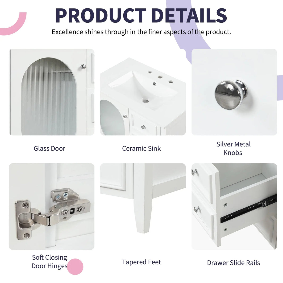 30" Bathroom Vanity with Sink | Solid Wood & MDF, 4 Drawers, Oval Fluted Glass Door, Ceramic Sink, White – Freestanding Next Gen Luxe Solutions