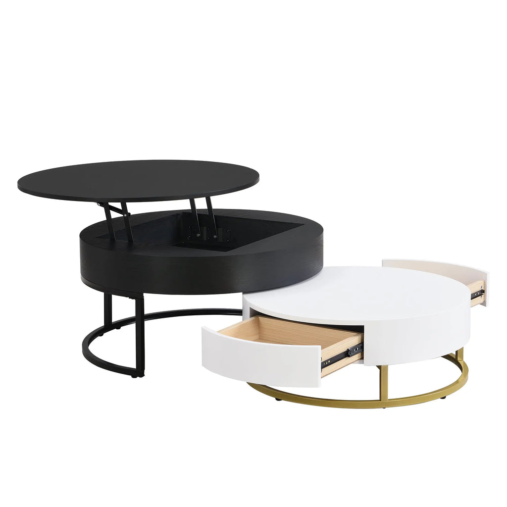 Modern Round Lift-Top Nesting Coffee Tables Set of 2 | Hydraulic Lift, 2 Drawers, Gold Metal Base – White & Black Next Gen Luxe Solutions