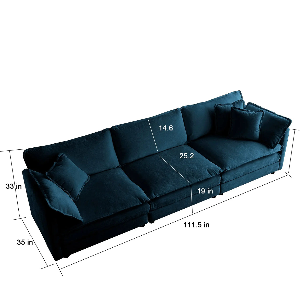 Mid-Century Modern 3-Seater Sofa | Blue Chenille Couch with 5 Pillows for Living Room Next Gen Luxe Solutions