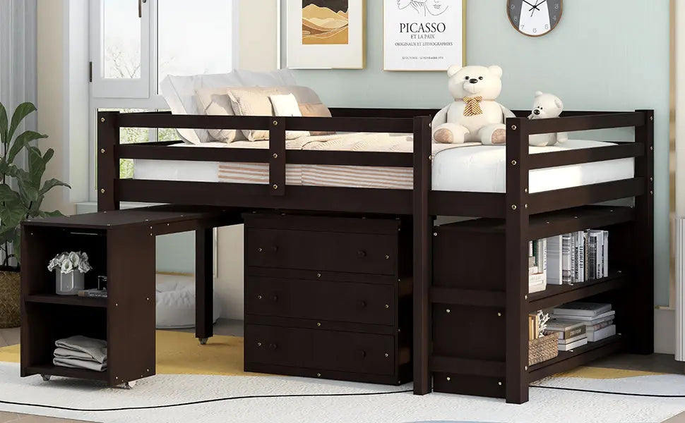 Full Size Low Loft Bed with Rolling Desk, Cabinet, Shelves & Safety Rails | Solid Wood Study Loft Bed – Espresso Next Gen Luxe Solutions