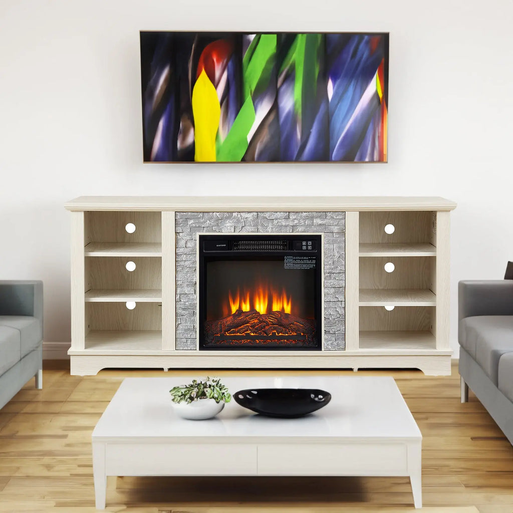 Mantel Electric Fireplace TV Stand – Stone Media Console with 18" Fireplace Insert & Open Storage (White) Next Gen Luxe Solutions