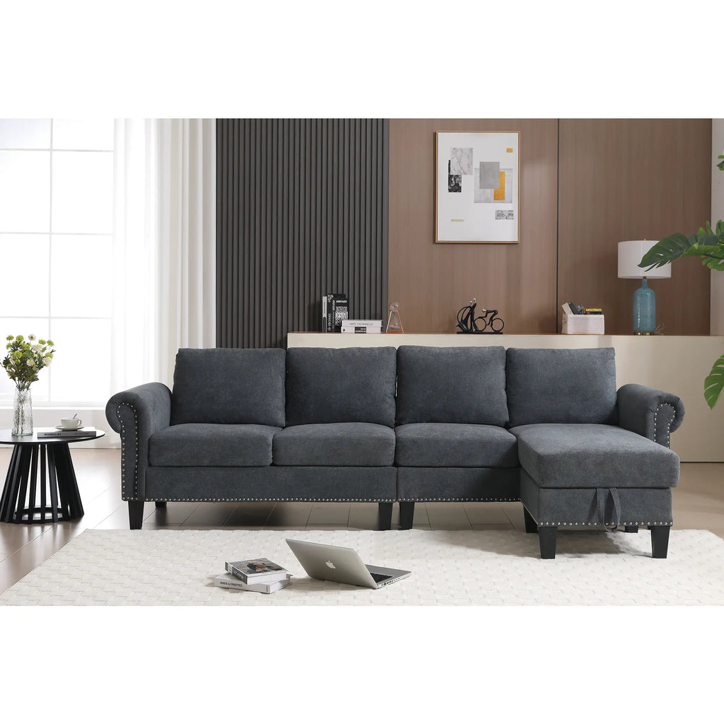 Convertible L-Shaped Sectional Sofa with Storage | 4-Seat Modern Linen Fabric Couch in Gray Next Gen Luxe Solutions
