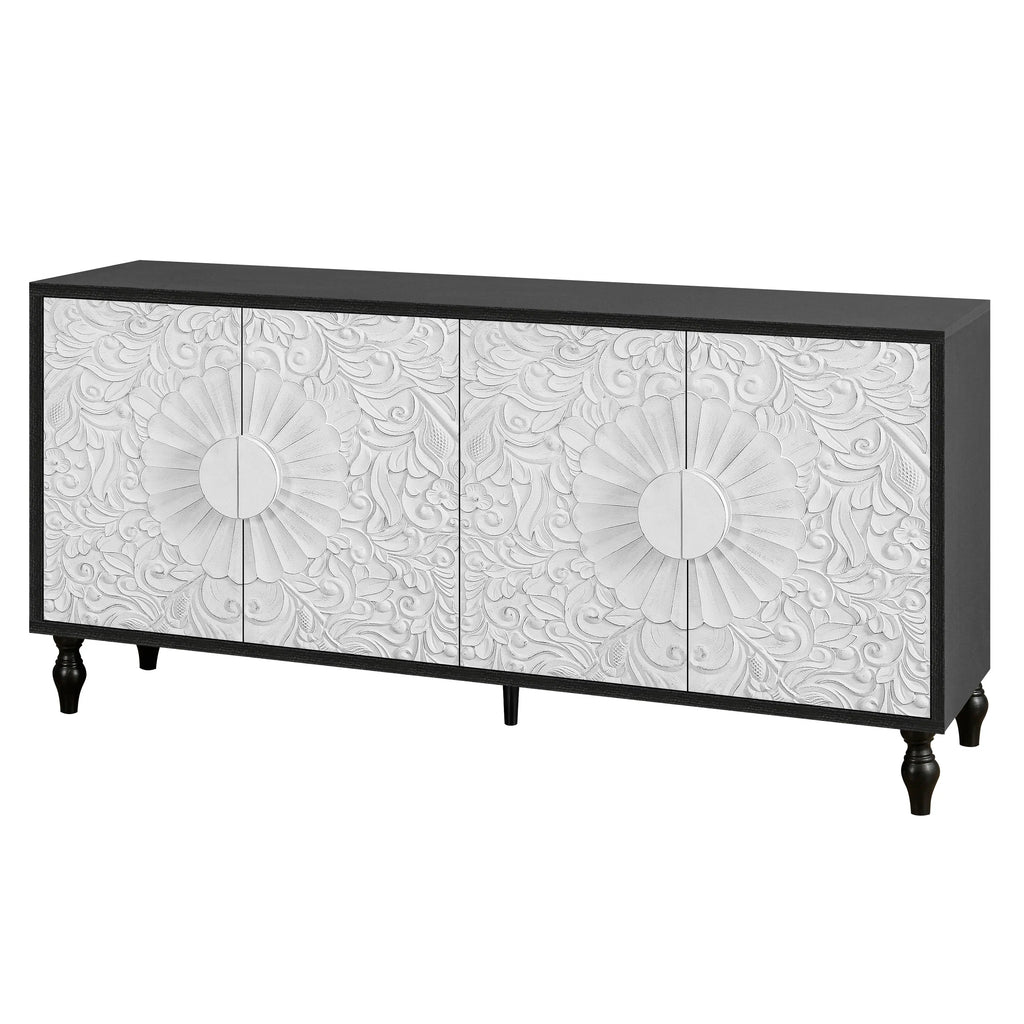 Vintage White Faceted Carved Cabinet – Black Frame TV Stand, Sideboard & Accent Cabinet Next Gen Luxe Solutions