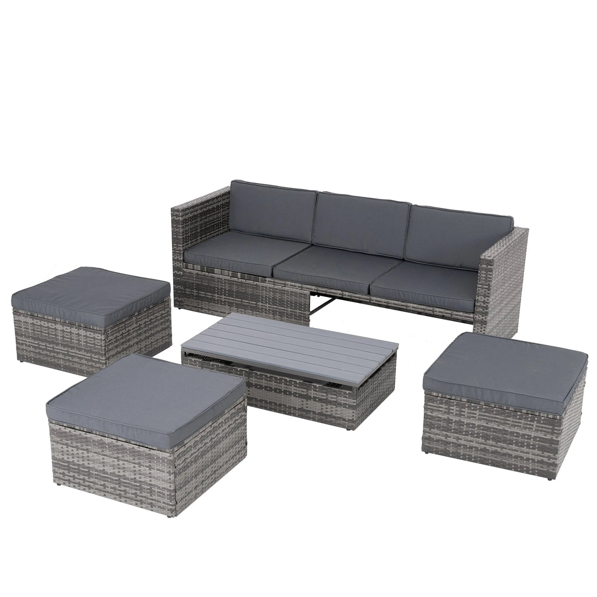 5-Piece Outdoor PE Wicker Patio Furniture Set | Sofa, 3 Ottomans & Lift-Top Coffee Table Next Gen Luxe Solutions