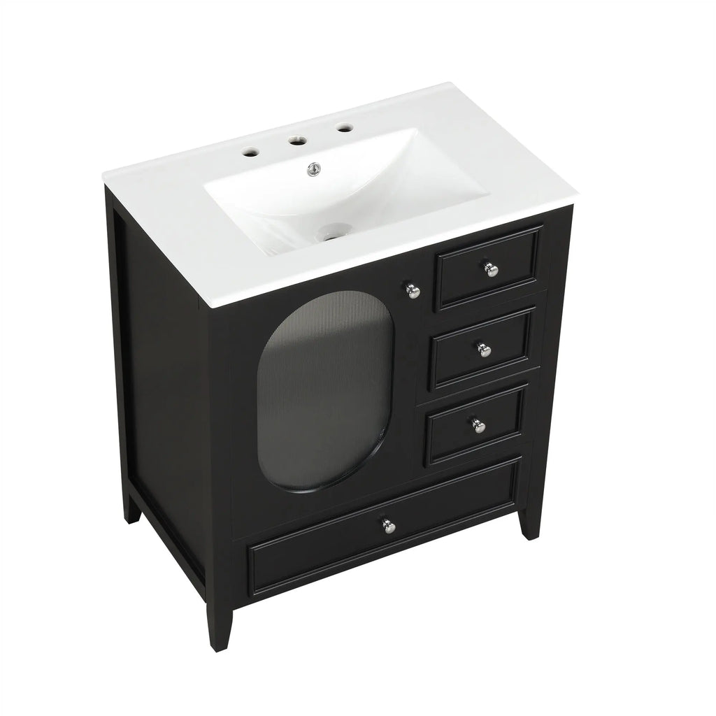 30" Bathroom Vanity with Sink – 3 Drawers, Moru Glass Door, Solid Wood & MDF, Ceramic Sink, Black – Freestanding Next Gen Luxe Solutions