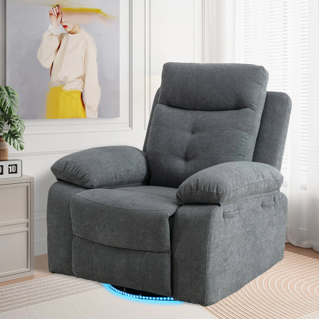 Power Recliner Glider Chair with Bluetooth Speaker | 270° Swivel, LED Light, USB+C Charging, Retractable Footrest, Storage Pockets – Light Grey Linen Next Gen Luxe Solutions