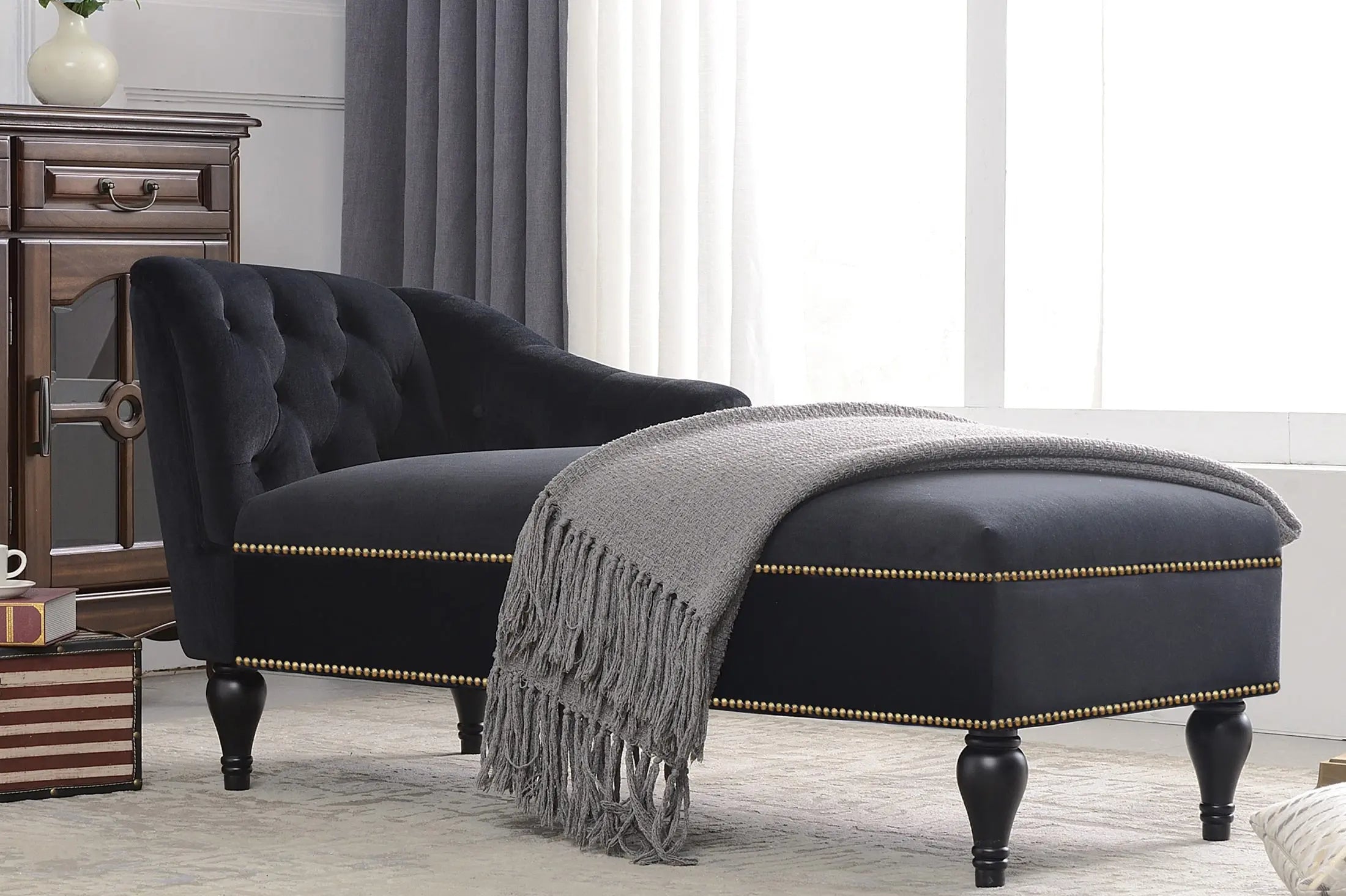 58 Inch Velvet Lounge Chair Button Tufted Right Arm Chaise with Nailhead Decoration Next Gen Luxe Solutions
