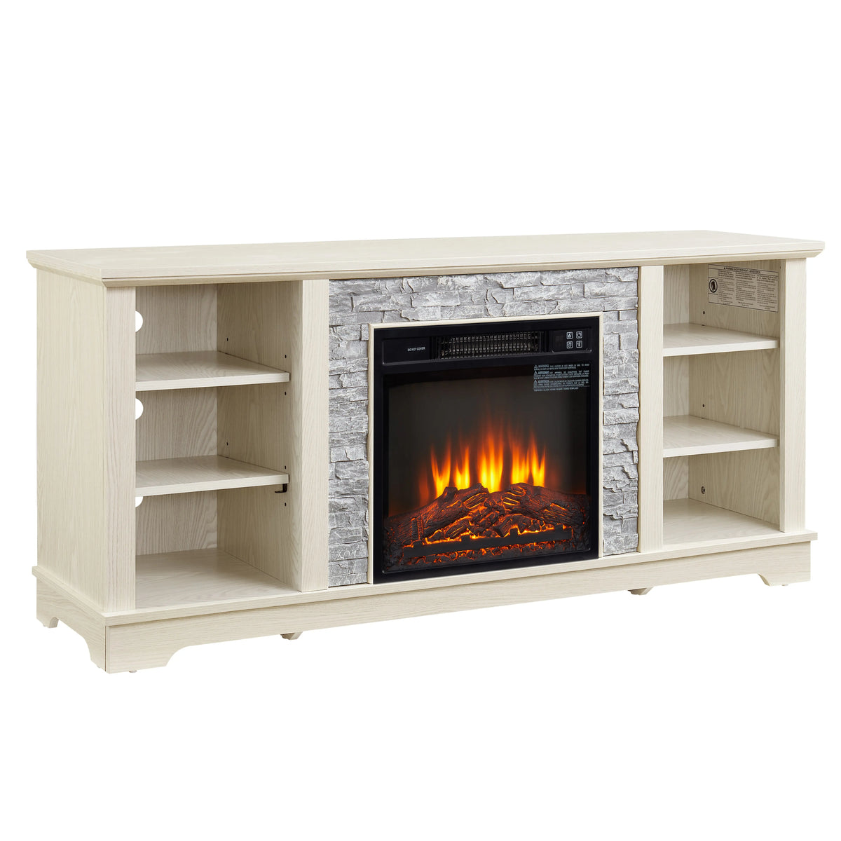 Mantel Electric Fireplace TV Stand – Stone Media Console with 18" Fireplace Insert & Open Storage (White) Next Gen Luxe Solutions