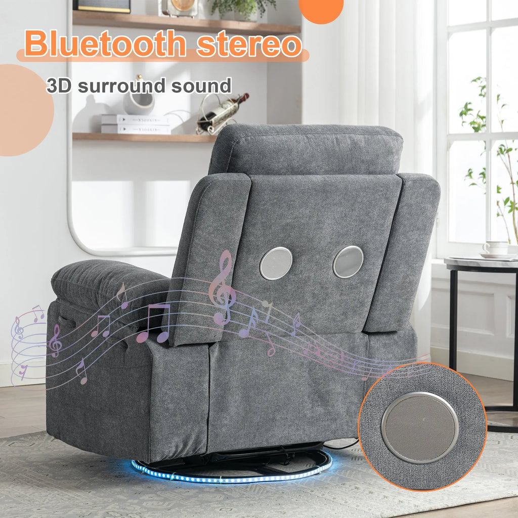 Power Recliner Glider Chair with Bluetooth Speaker | 270° Swivel, LED Light, USB+C Charging, Retractable Footrest, Storage Pockets – Light Grey Linen Next Gen Luxe Solutions