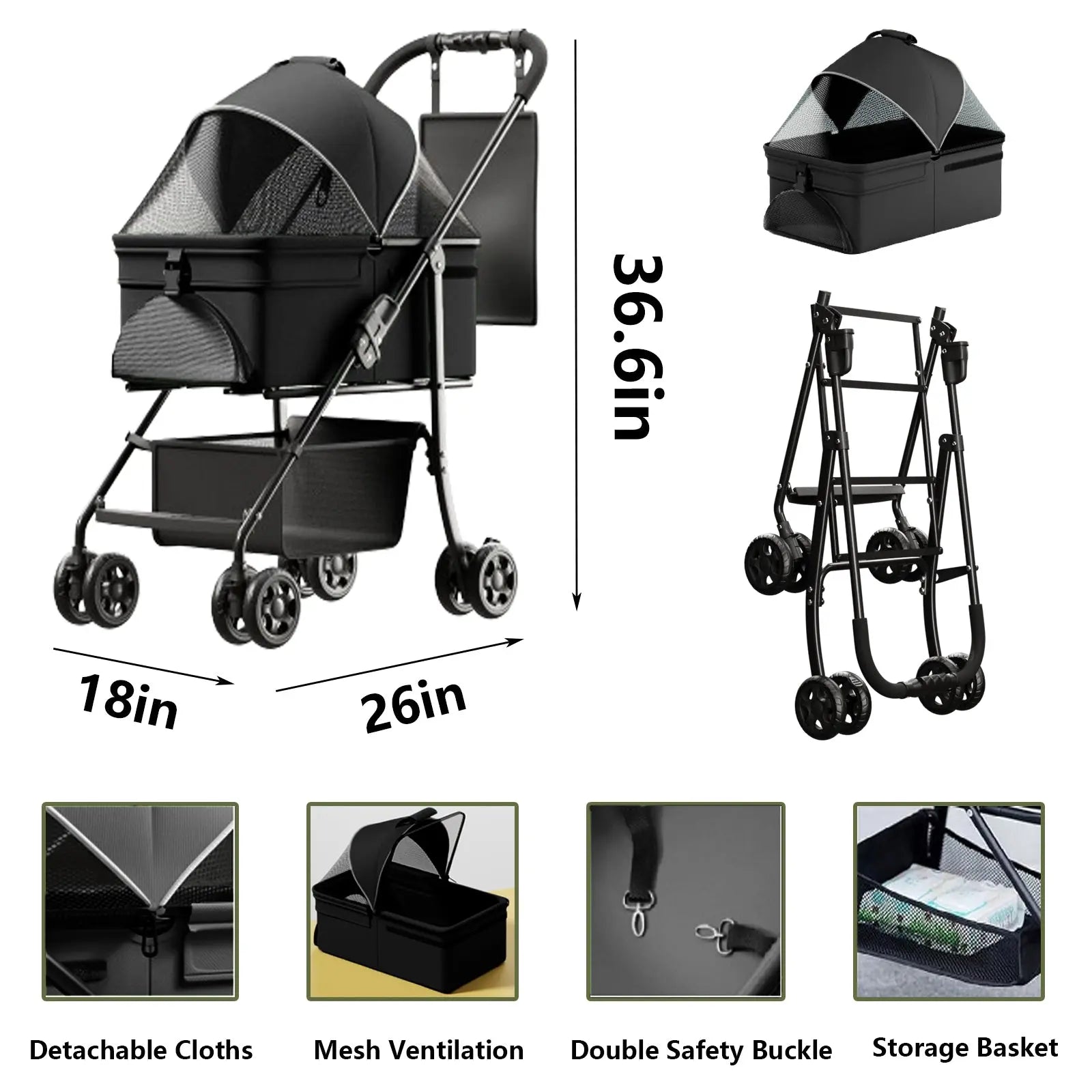 2-in-1 Folding Dog Stroller & Pet Cart | 4-Wheel Dog/Cat Carrier with Waterproof Pad, Car Seat & Sun Visor Next Gen Luxe Solutions
