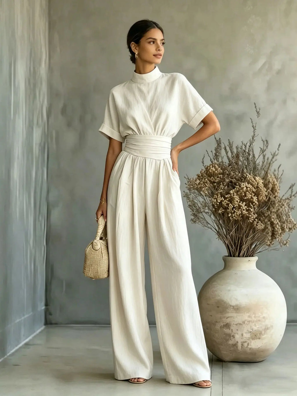 Women's Mock Neck Short Sleeve Wide Leg Jumpsuit | Full Length, Minimalist Solid Color – 5 Colors, S–2XL Next Gen Luxe Solutions
