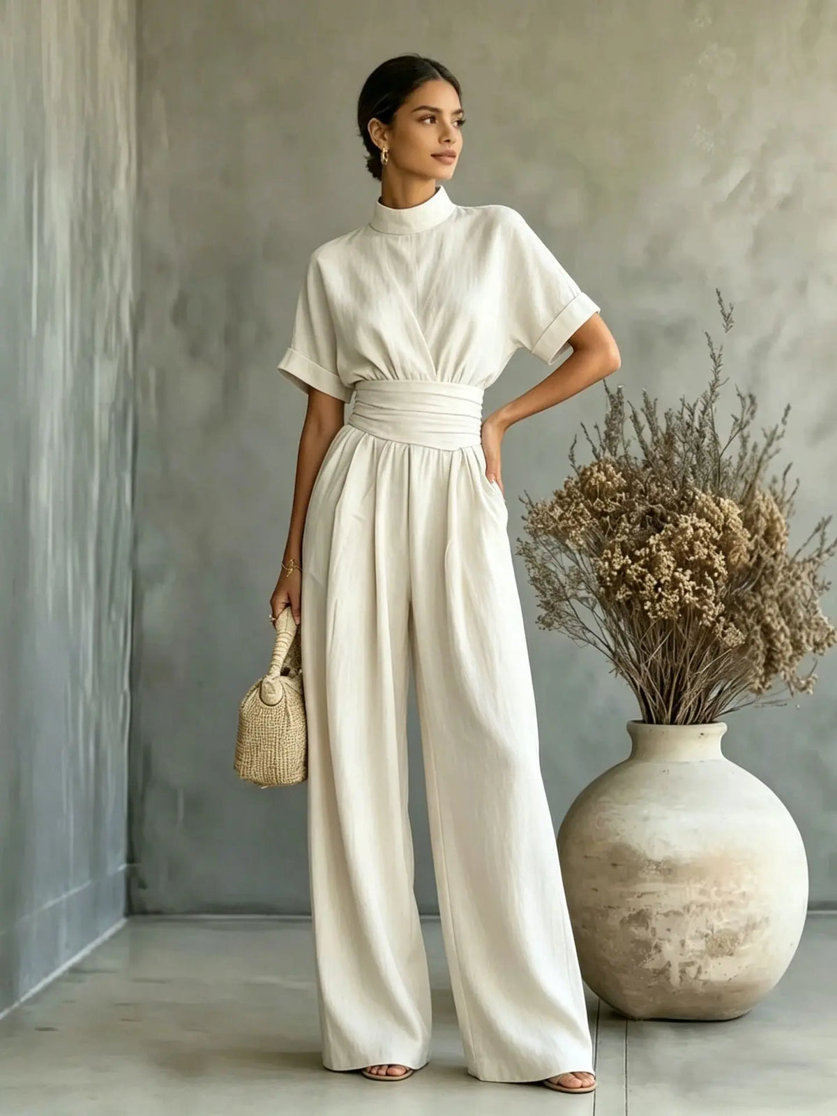 Women's Mock Neck Short Sleeve Wide Leg Jumpsuit | Full Length, Minimalist Solid Color – 5 Colors, S–2XL Next Gen Luxe Solutions
