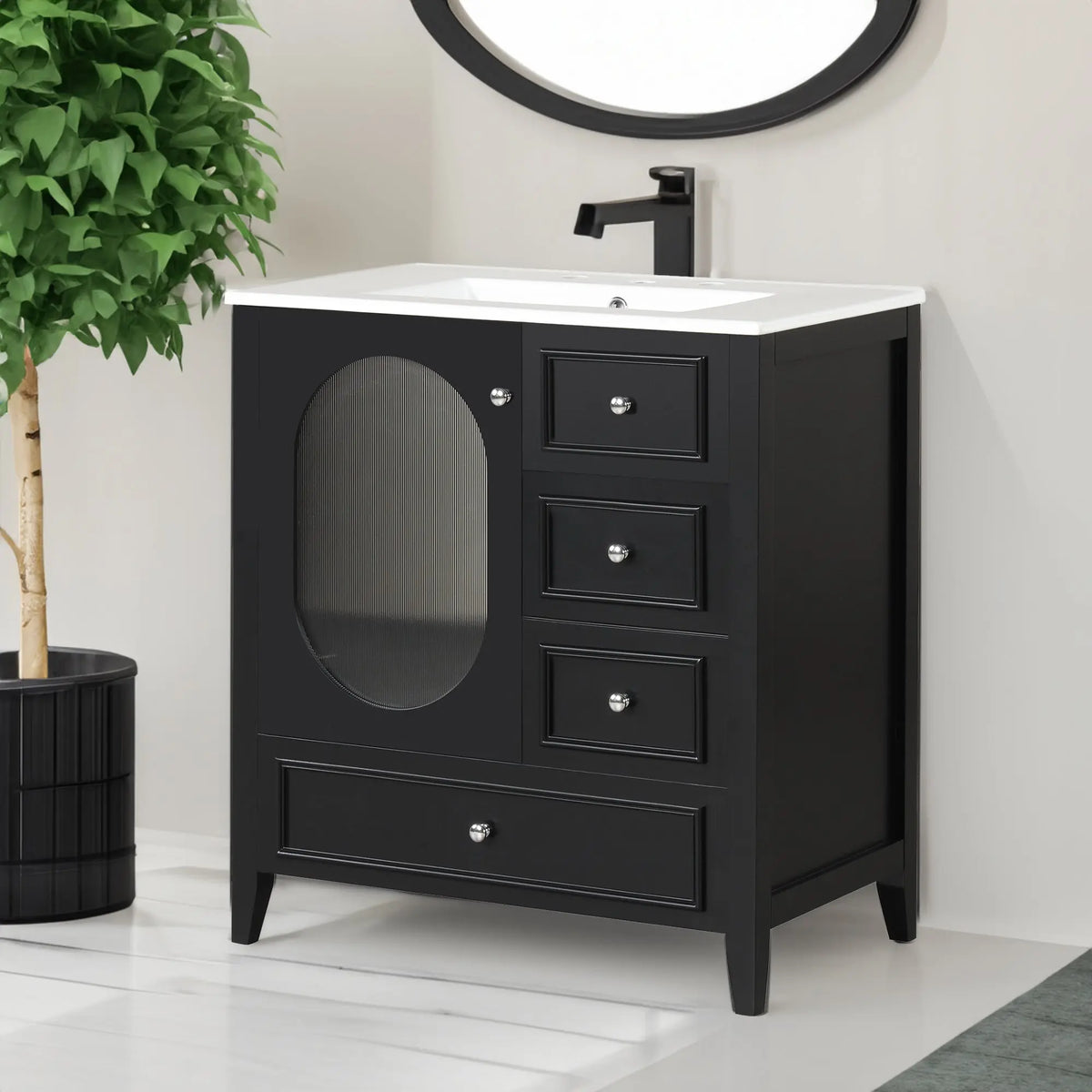 30" Bathroom Vanity with Sink – 3 Drawers, Moru Glass Door, Solid Wood & MDF, Ceramic Sink, Black – Freestanding Next Gen Luxe Solutions