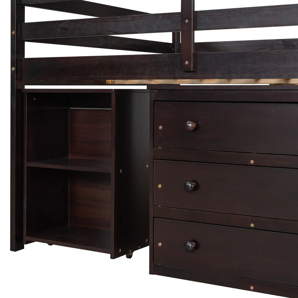Full Size Low Loft Bed with Rolling Desk, Cabinet, Shelves & Safety Rails | Solid Wood Study Loft Bed – Espresso Next Gen Luxe Solutions