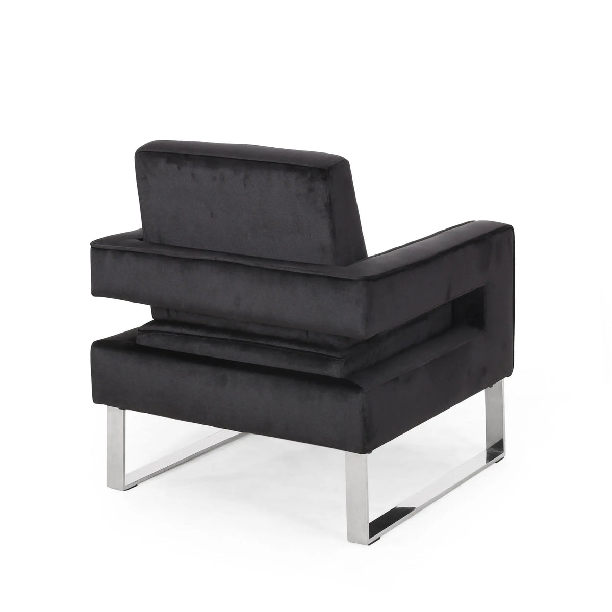 Modern Glam Velvet Club Armchair – Geometric U-Shape, Silver Accents & Stainless Steel Legs (Black) Next Gen Luxe Solutions