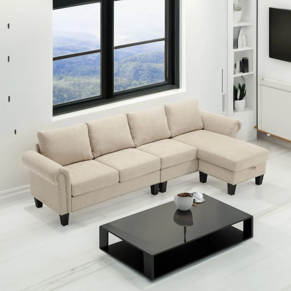 Convertible L-Shaped Sectional Sofa with Storage | 4-Seat Modern Linen Fabric Couch in Beige Next Gen Luxe Solutions