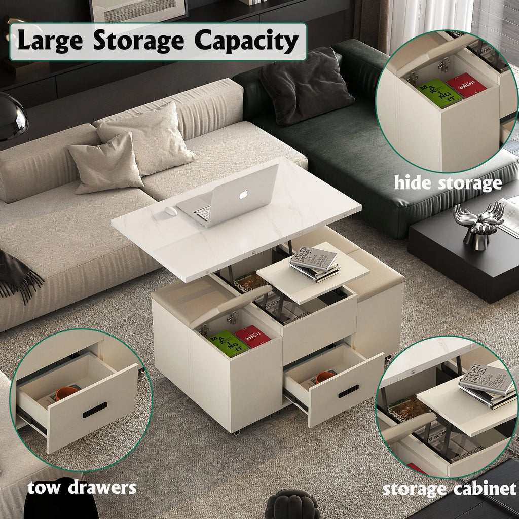 Modern Lift-Top Coffee Table with 4 Chairs, Expandable Storage – Hidden Compartment & 2 Drawers Next Gen Luxe Solutions