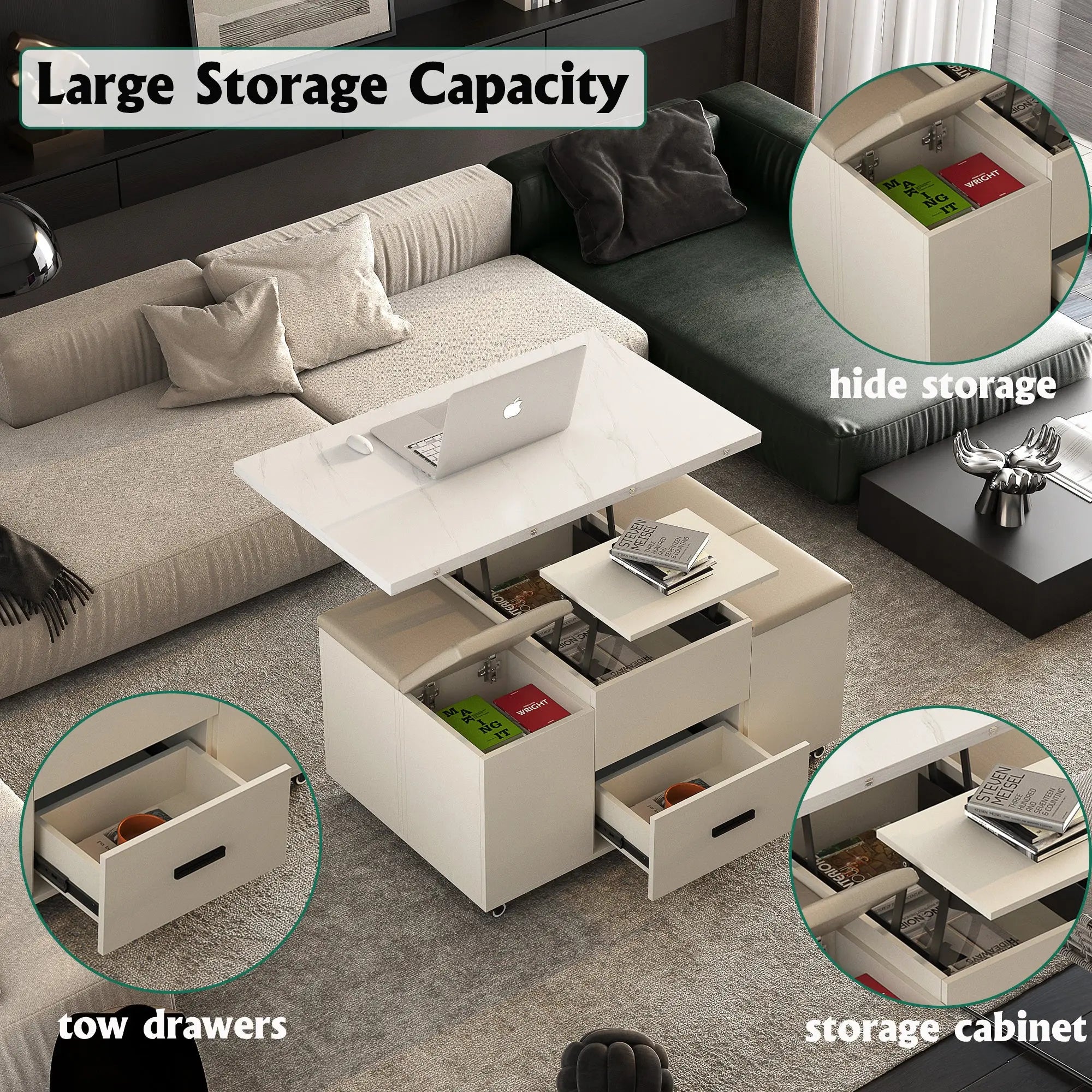 Modern Lift-Top Coffee Table with 4 Chairs, Expandable Storage – Hidden Compartment & 2 Drawers Next Gen Luxe Solutions