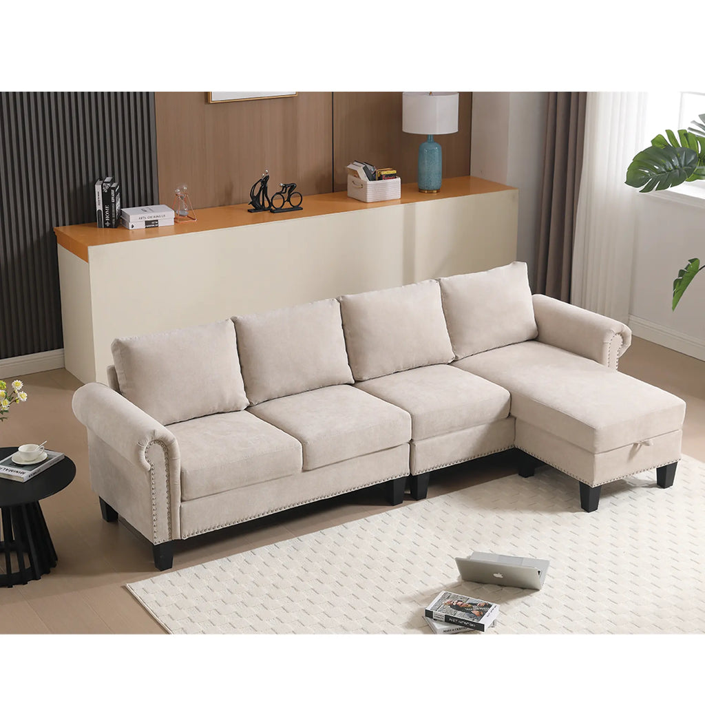 Convertible L-Shaped Sectional Sofa with Storage | 4-Seat Modern Linen Fabric Couch in Beige Next Gen Luxe Solutions