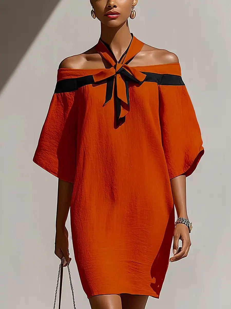 Women's One Shoulder Bow Collar A-Line Mini Dress | 3/4 Sleeve – Orange Red, Green, Apricot, Sky Blue, S–XXL Next Gen Luxe Solutions