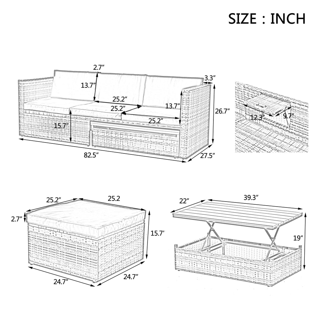 5-Piece Outdoor PE Wicker Patio Furniture Set | Sofa, 3 Ottomans & Lift-Top Coffee Table Next Gen Luxe Solutions