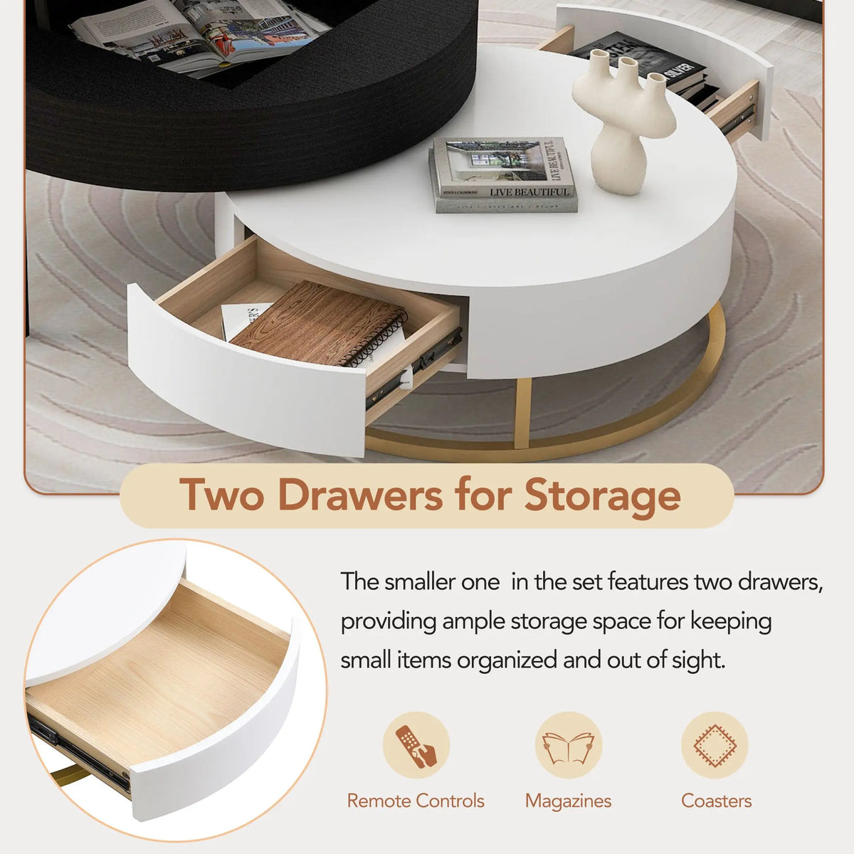 Modern Round Lift-Top Nesting Coffee Tables Set of 2 | Hydraulic Lift, 2 Drawers, Gold Metal Base – White & Black Next Gen Luxe Solutions