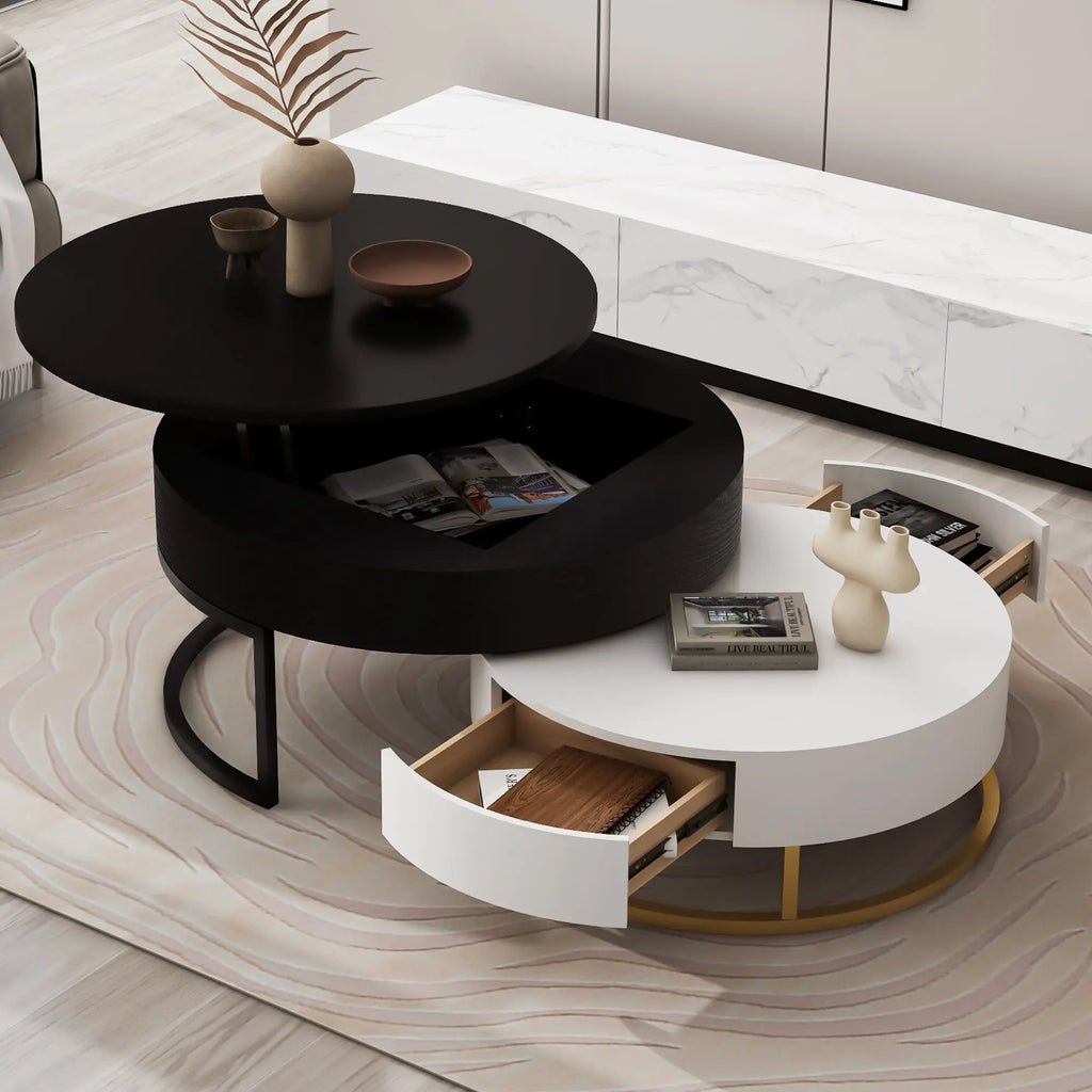 Modern Round Lift-Top Nesting Coffee Tables Set of 2 | Hydraulic Lift, 2 Drawers, Gold Metal Base – White & Black Next Gen Luxe Solutions