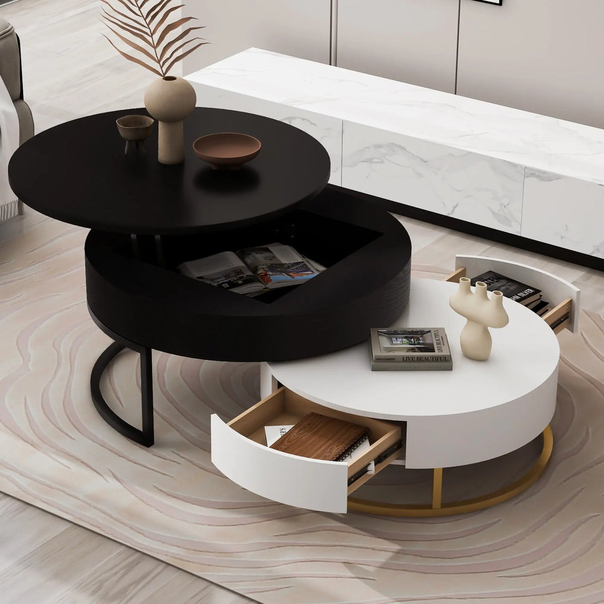 Modern Round Lift-Top Nesting Coffee Tables Set of 2 | Hydraulic Lift, 2 Drawers, Gold Metal Base – White & Black Next Gen Luxe Solutions